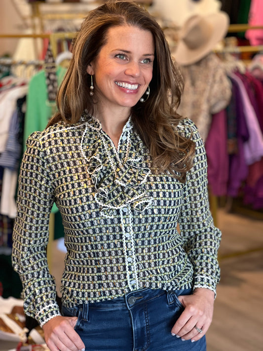 The Ruffle Front Shirt in Green Geo