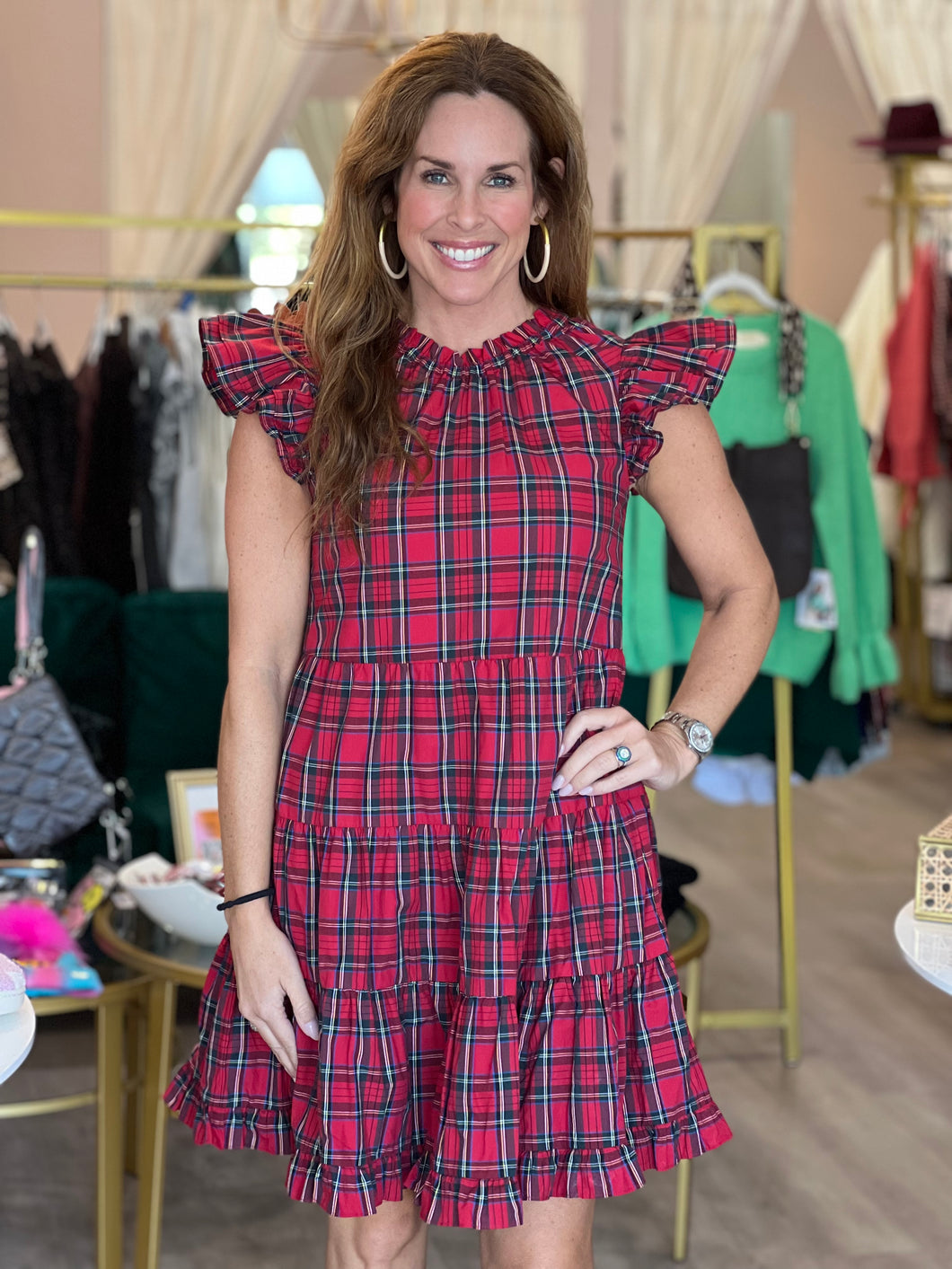 Ruffle Neck Dress in Red Plaid