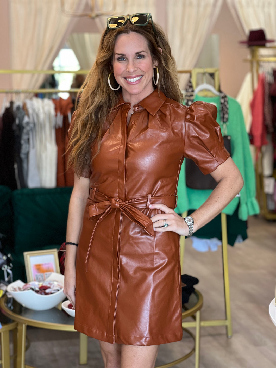 Vegan Leather Dress in Cognac