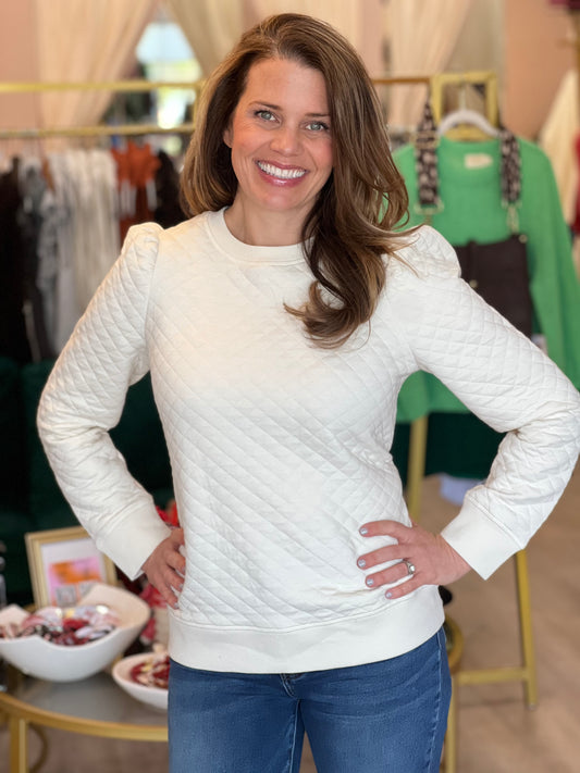 Quilted Long Sleeve Sweatshirt in Winter White