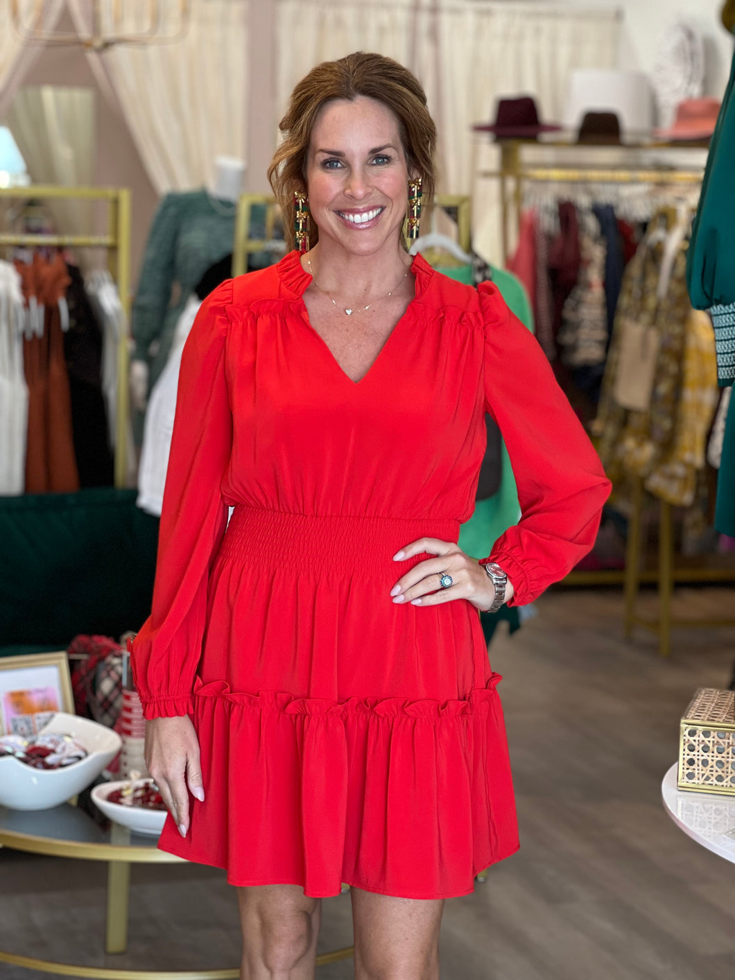 Long Sleeve Smocked Waist Dress in Red