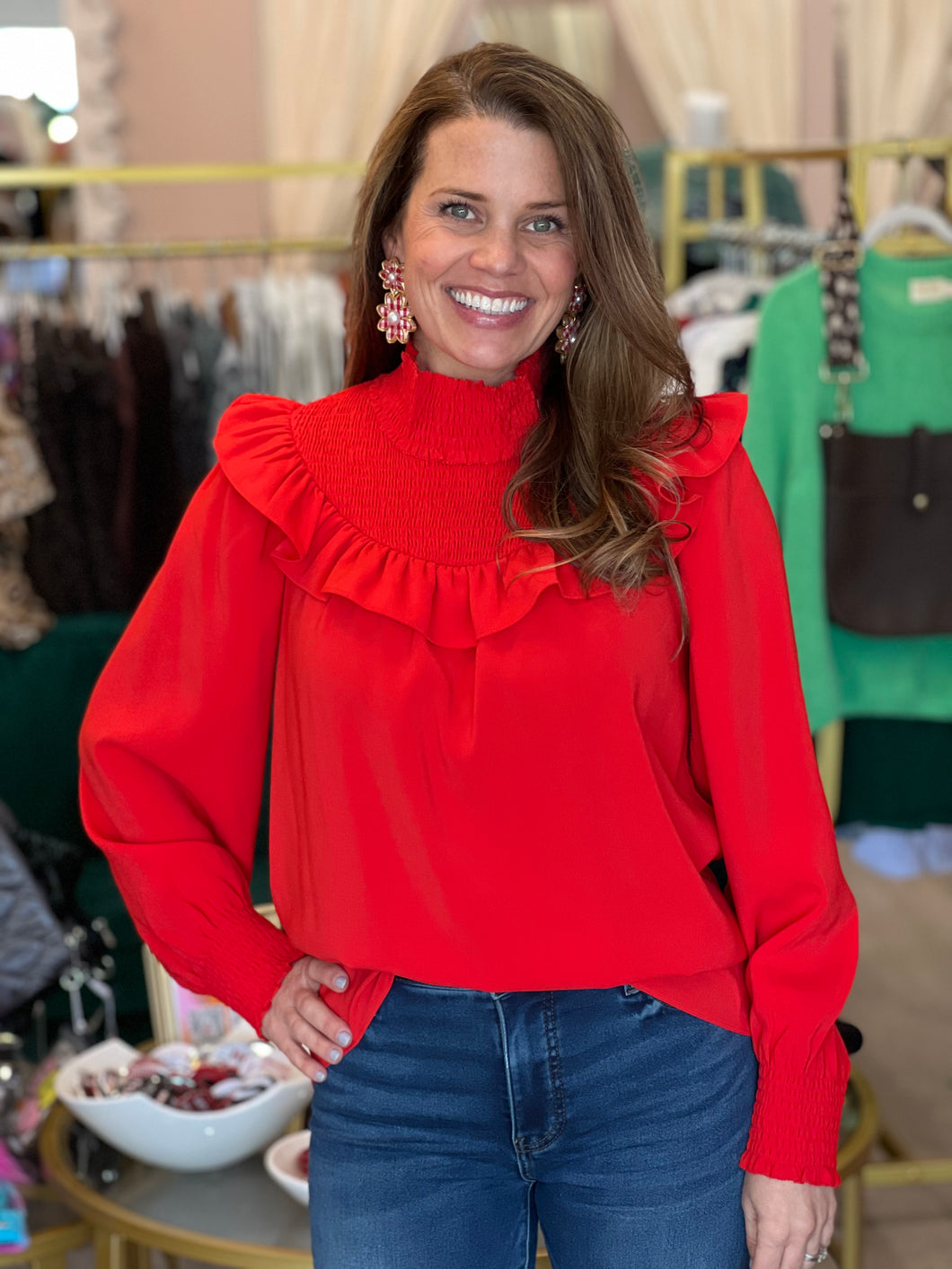 Smocked Neck Top in Red