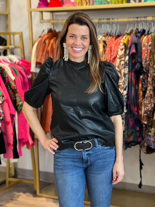 Faux Leather Short Sleeve Blouse in Black