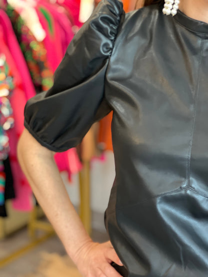 Faux Leather Short Sleeve Blouse in Black