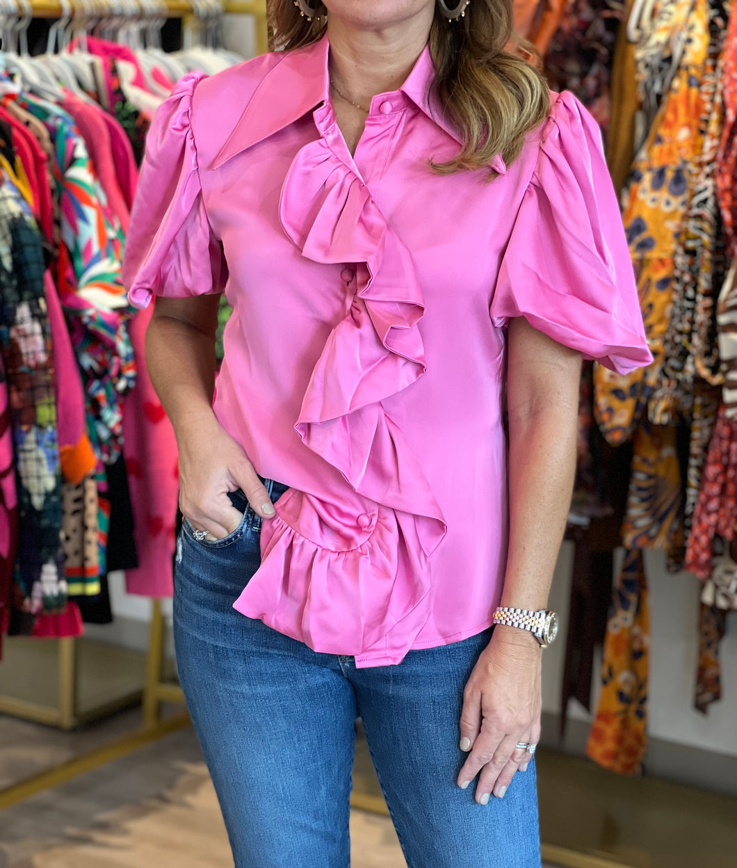Pink Button Front Ruffle Blouse