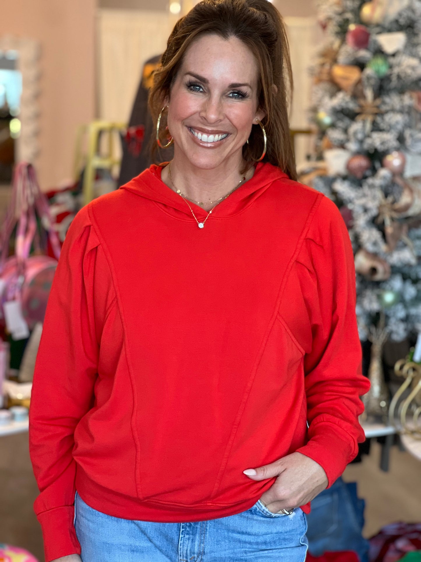 Pleated Hoodie in Ruby