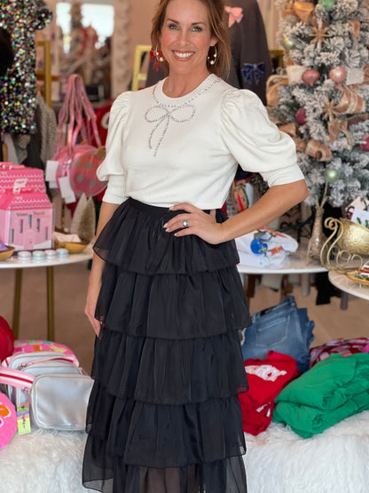 Tiered Organza Midi Skirt in Black