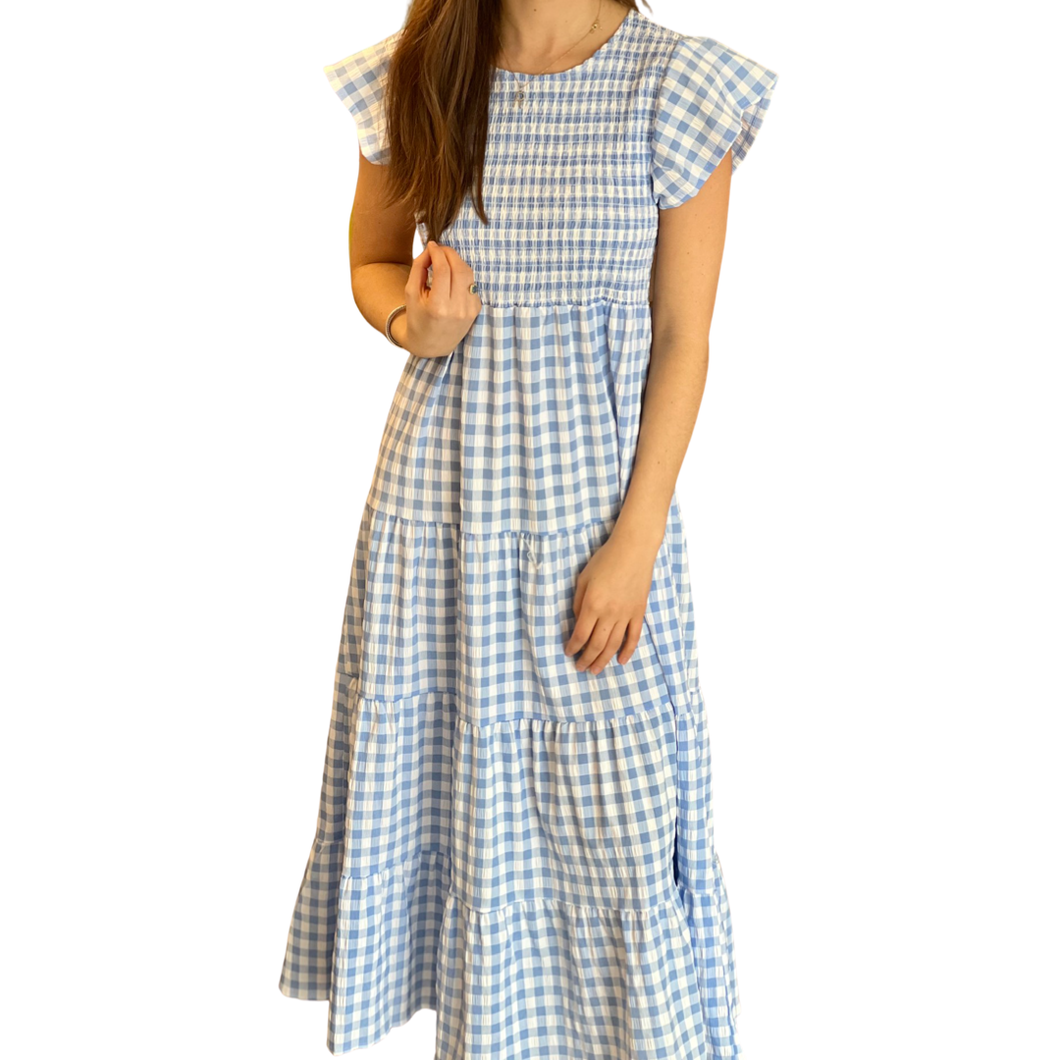 Blue Gingham Smocked Maxi Dress