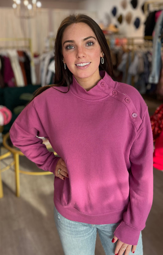 Button Neck Sweatshirt in Mulberry