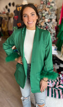 Load image into Gallery viewer, Feather Trim Boyfriend Satin Blazer in Emerald
