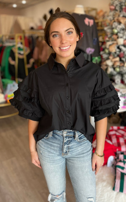 Ruffle Detail Poplin Shirt in Black