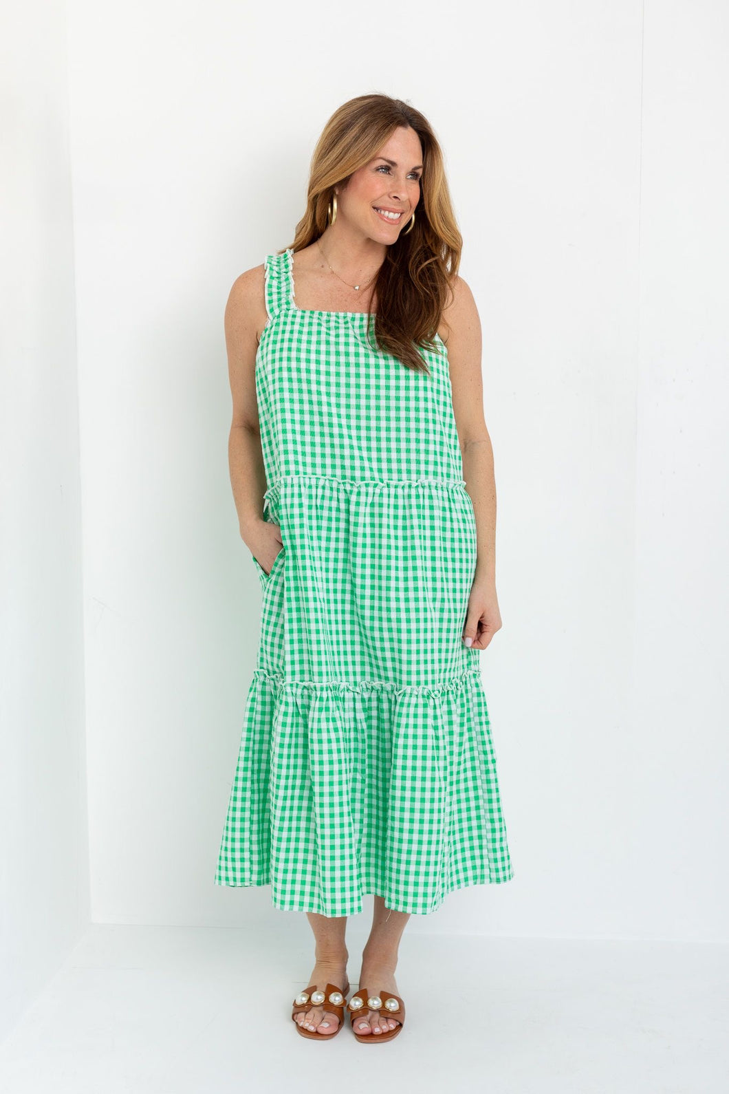 Tiered Maxi Dress in Green Check