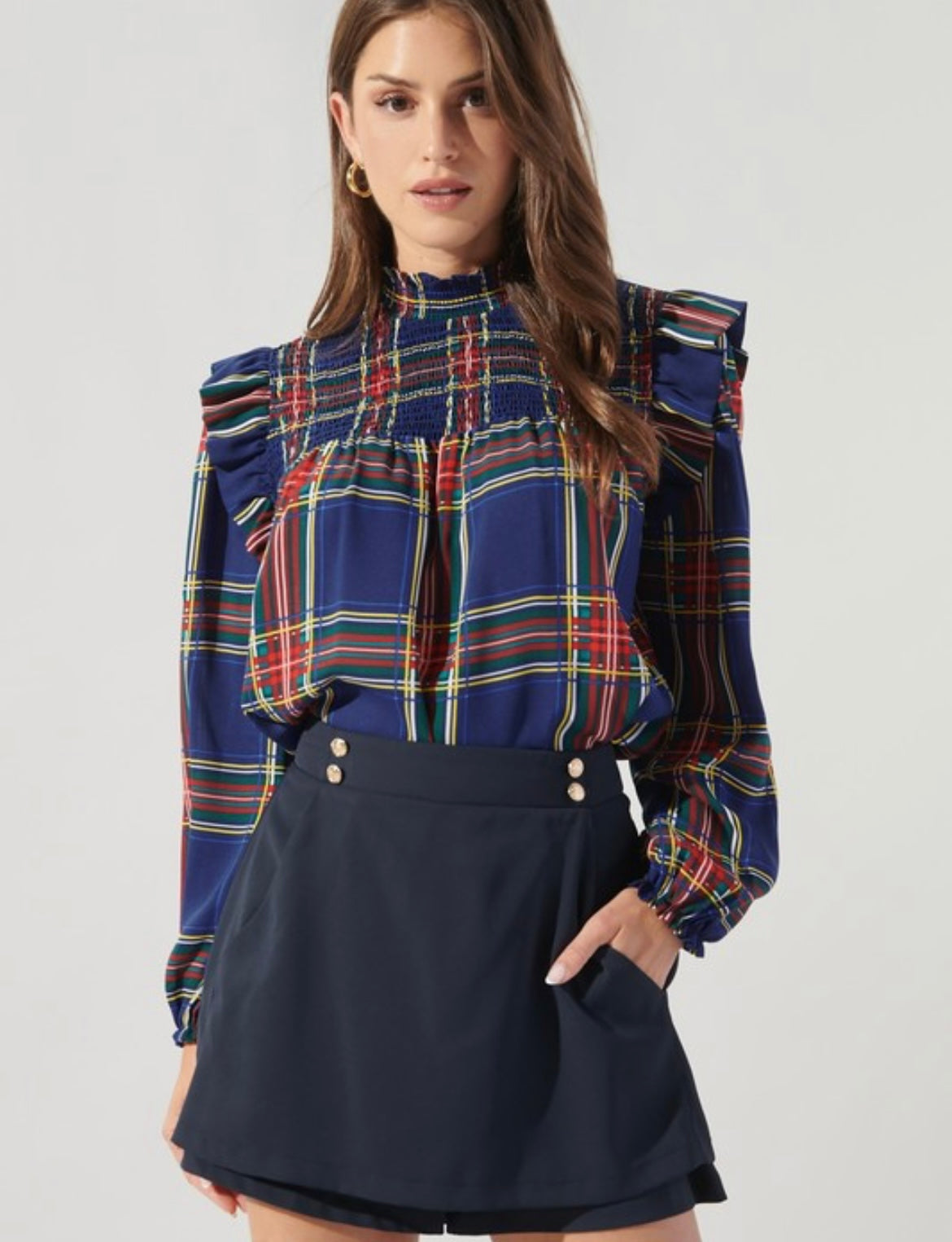 Navy Plaid Mock Neck Blouse