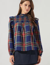 Load image into Gallery viewer, Navy Plaid Mock Neck Blouse
