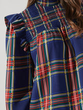 Load image into Gallery viewer, Navy Plaid Mock Neck Blouse
