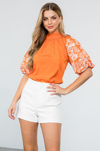 Load image into Gallery viewer, Orange Embroidered Poplin Puff Sleeve Top

