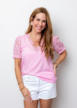 Load image into Gallery viewer, Pink Tee w/Lace and Puff Sleeves
