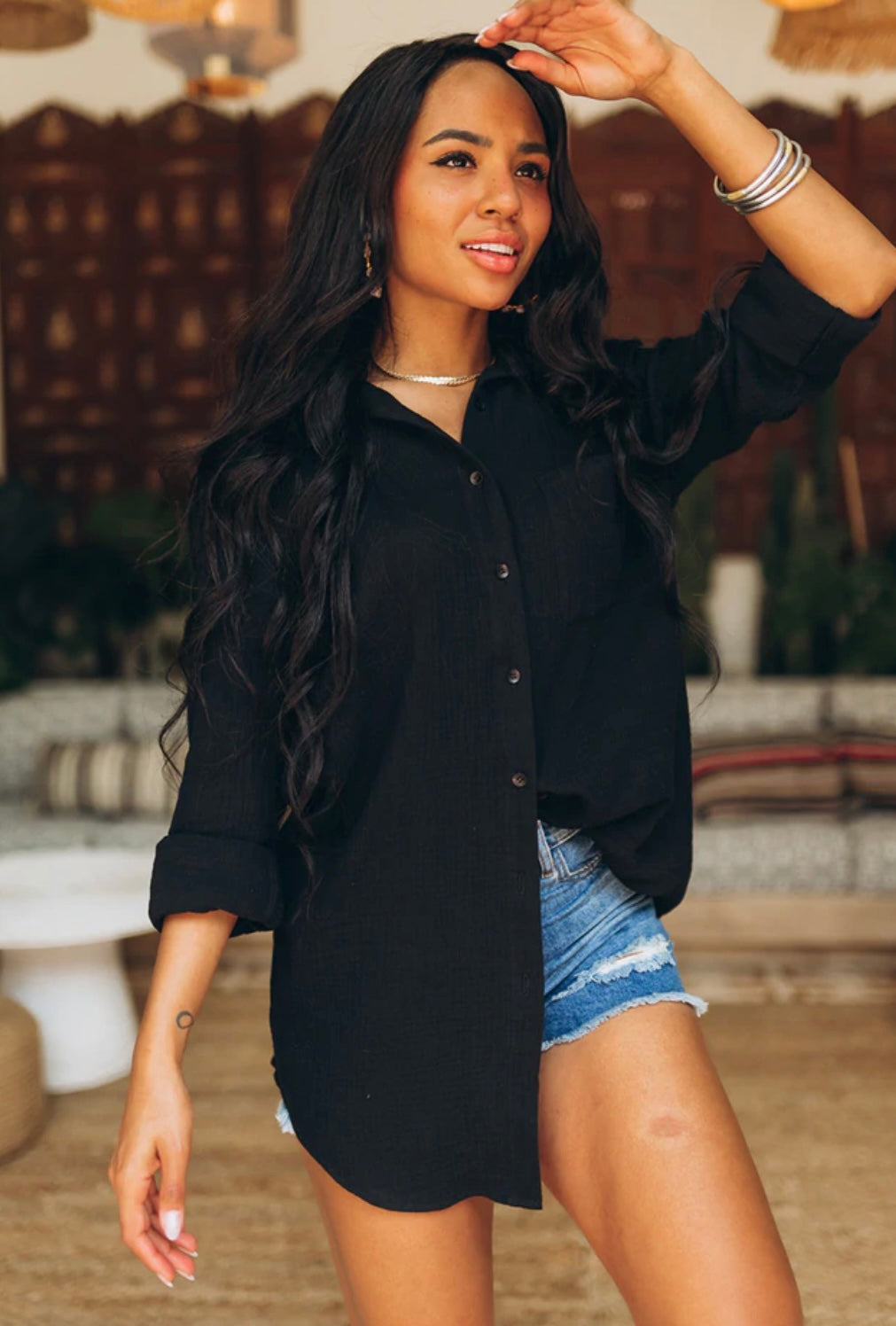 Black Oversized Gauze Coverup/Top