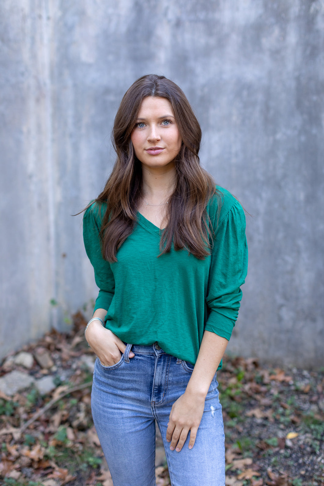 Sea Green Puff Sleeve V Neck Top