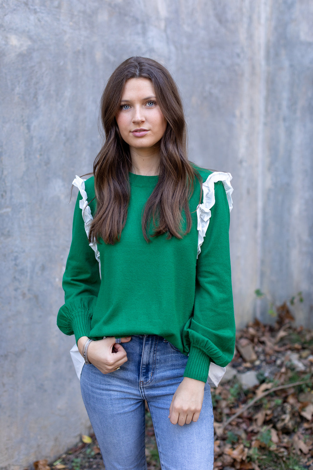 Green/White Ruffle Sweater