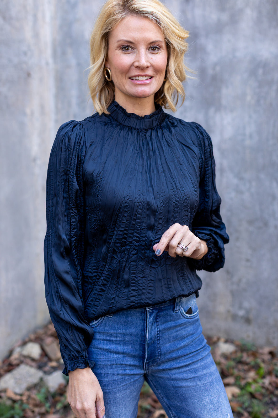 Navy Crinkled Mock Neck Blouse