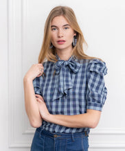 Load image into Gallery viewer, French Bow Shirt in Blue Check
