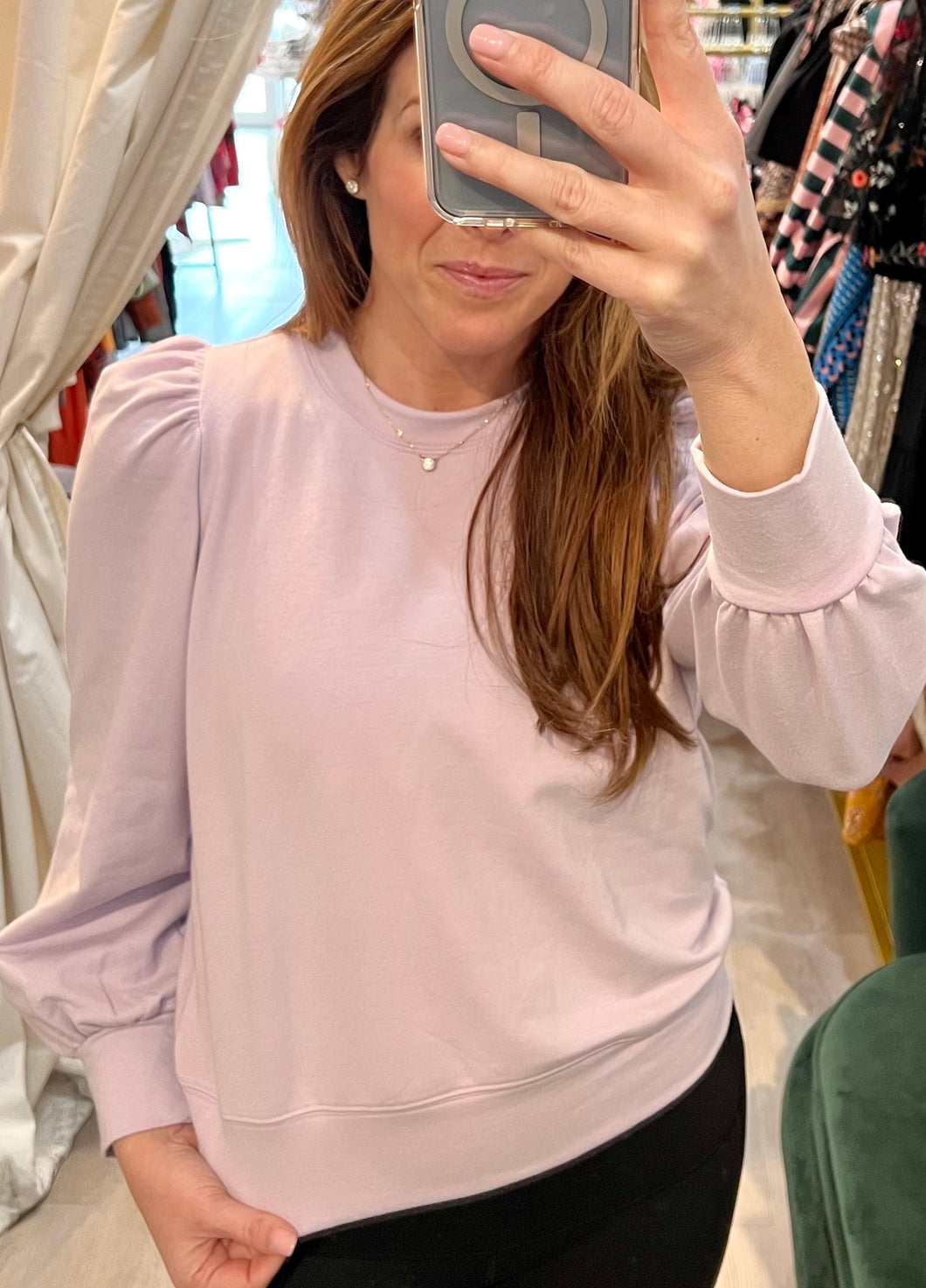 Lavender Puff Sleeve Sweatshirt.
