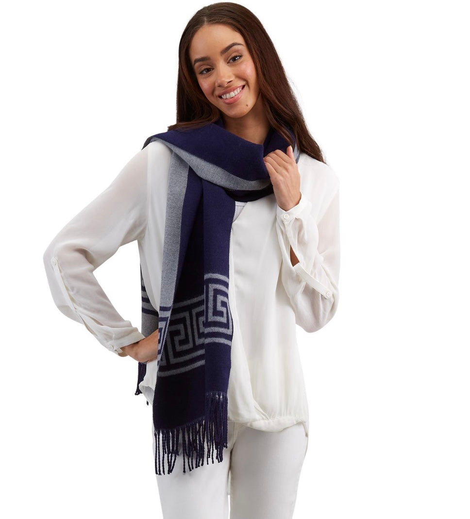 Navy Greek Key Reversible Scarf