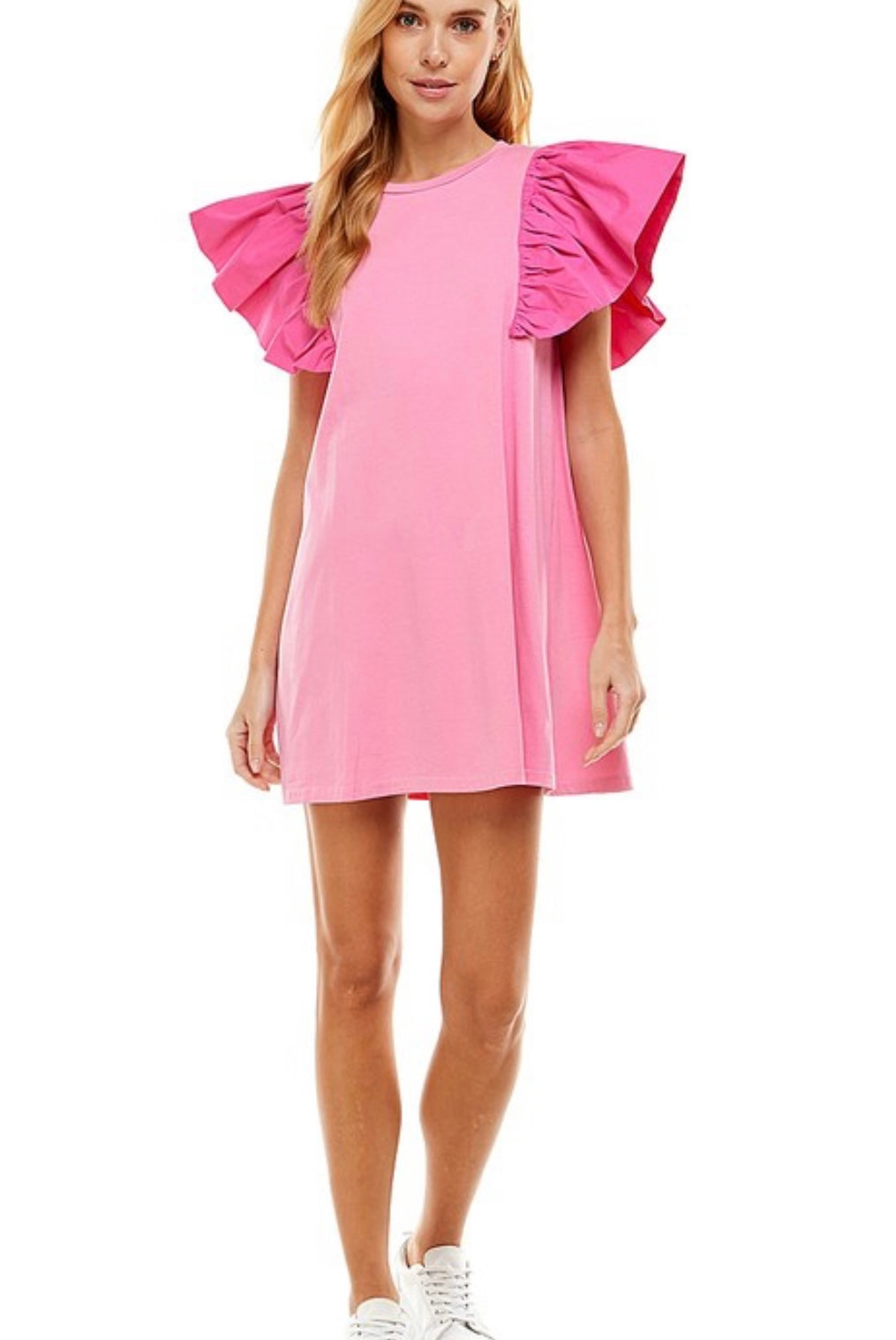 Ruffle Tee Shirt Dress in Pink