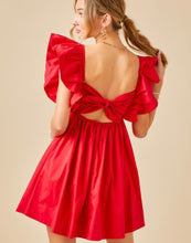 Load image into Gallery viewer, Ruffle Tie Back Poplin Dress in Red
