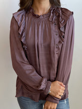 Load image into Gallery viewer, Ruffle Mocha Satin Blouse
