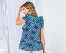Load image into Gallery viewer, Navy/Green Ruffle Sleeve Print Top
