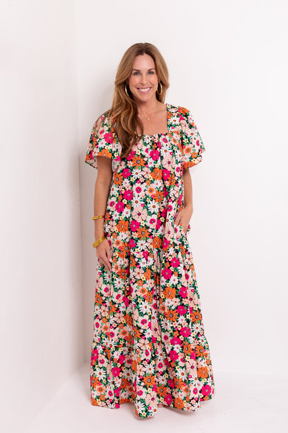 Fall Floral Square Neck Maxi Dress
