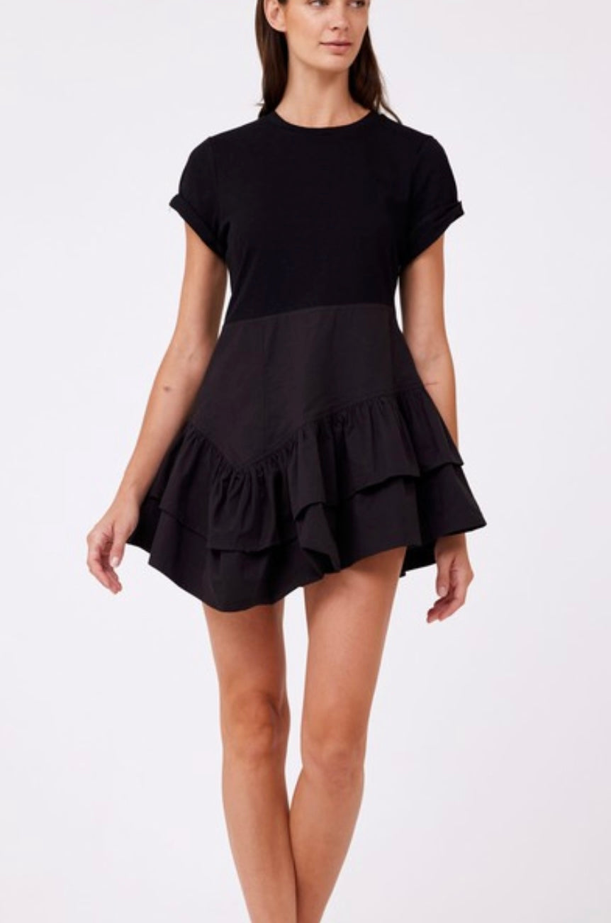 Combo Knit Ruffle Dress in Black