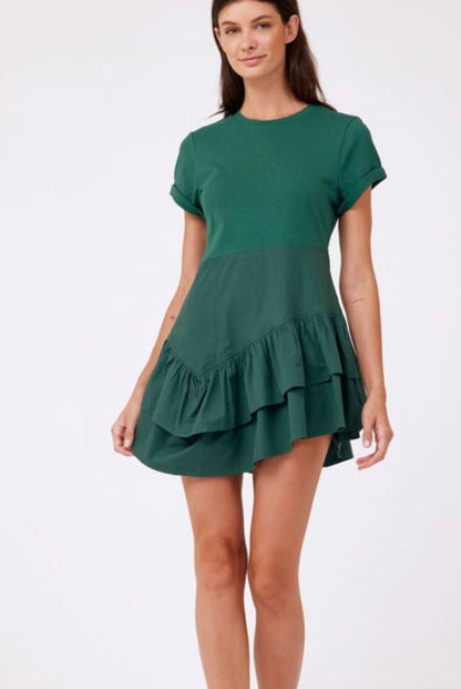 Combo Knit Ruffle Dress in Green
