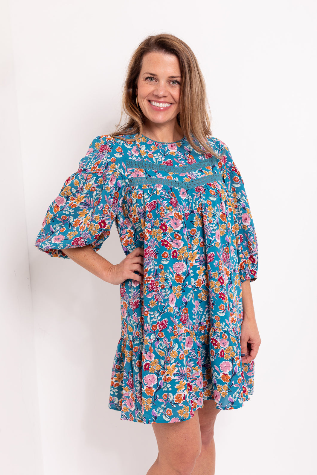 Lace Trim Dress in Teal Floral