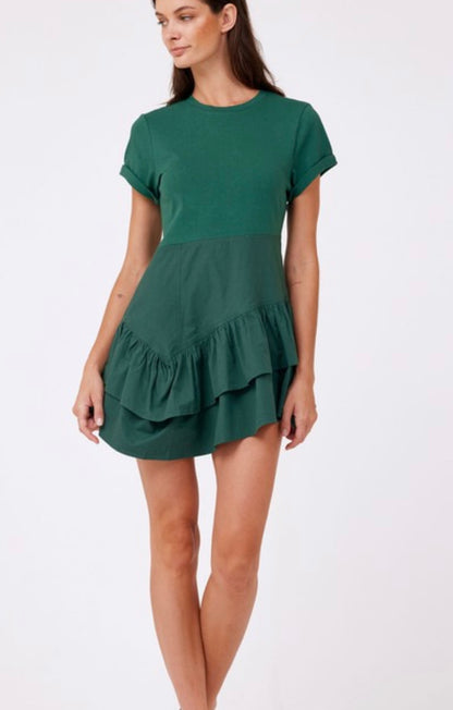 Combo Knit Ruffle Dress in Green