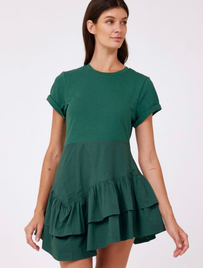 Combo Knit Ruffle Dress in Green