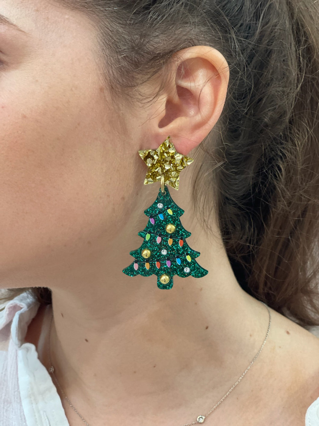 Christmas Tree Earring w/Gold Beads