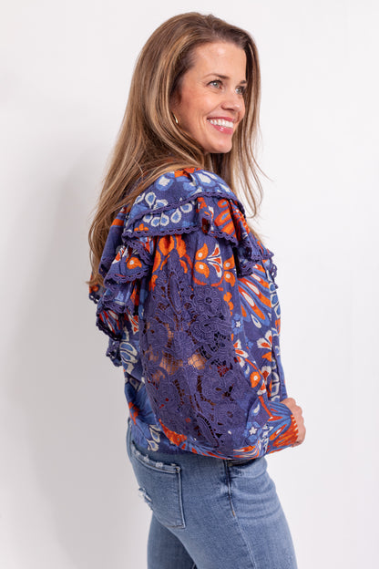 Pineapple Flowers Navy Blouse