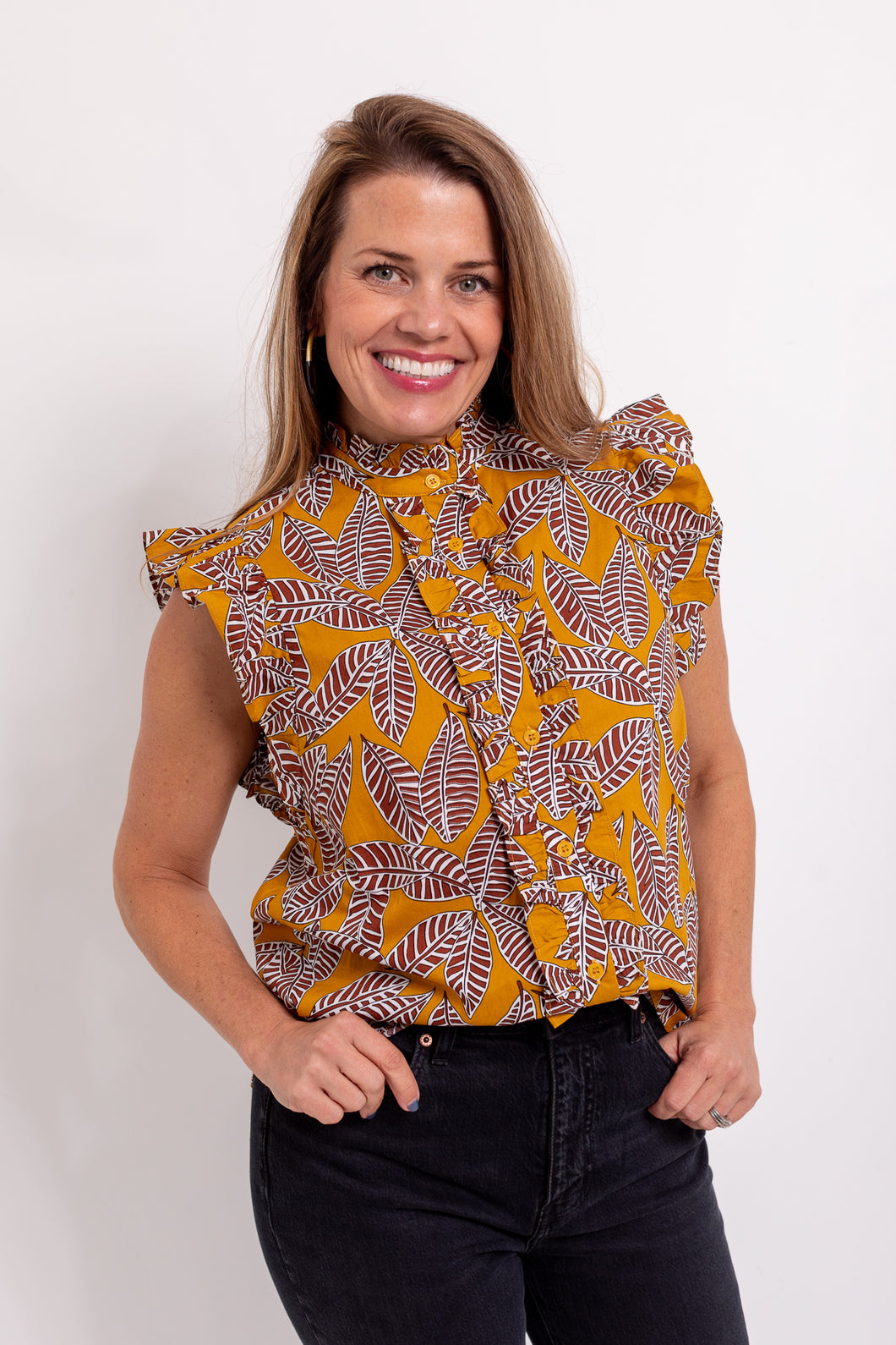 Ruffle Blouse in Brown Leaves