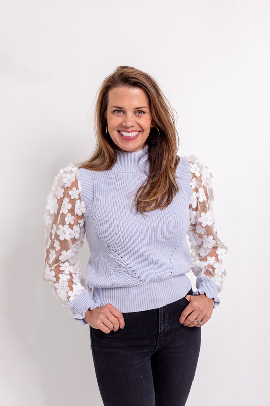 Sheer Sleeve Sweater in Light Blue