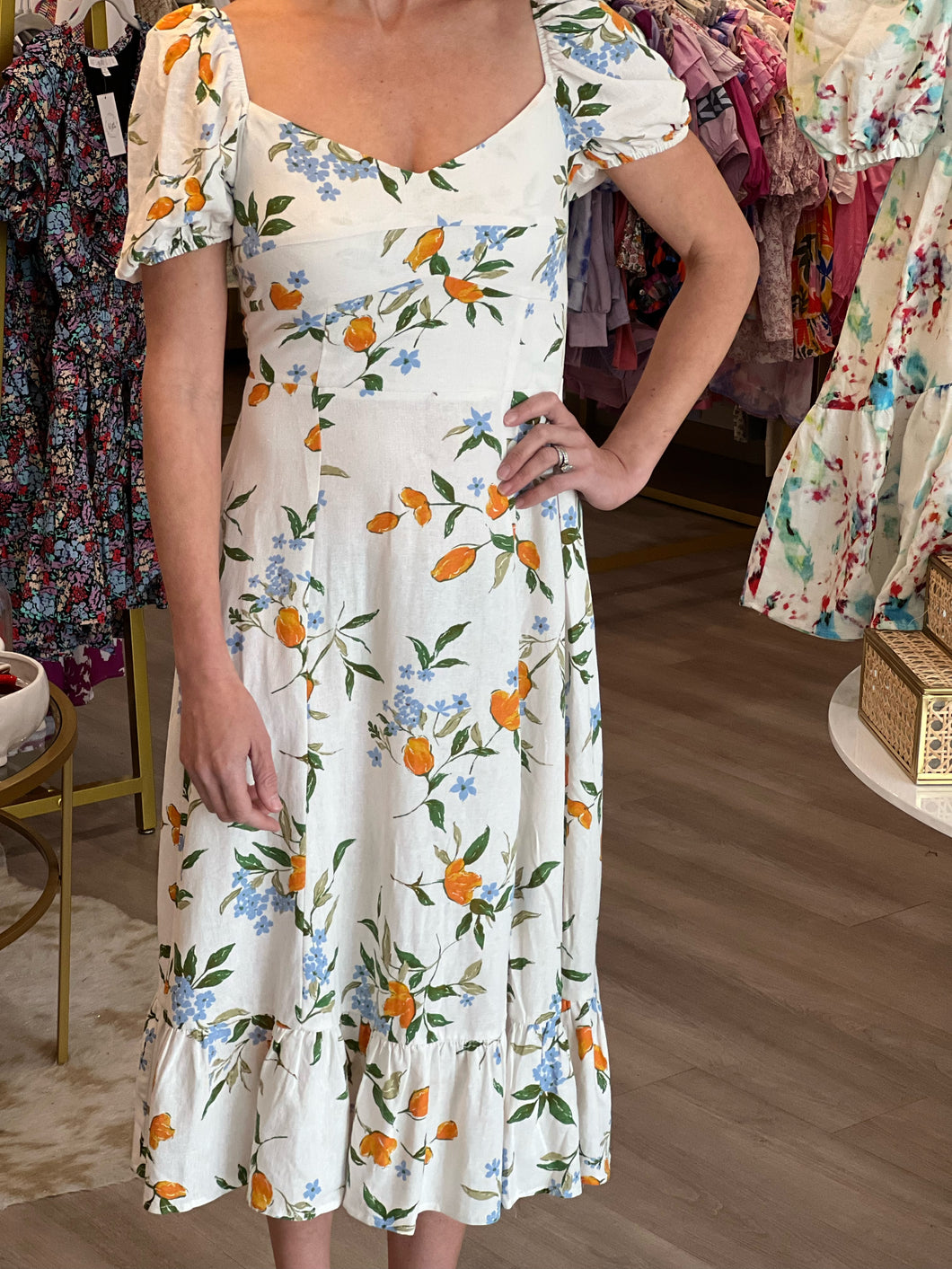 Ivory Puff Sleeve Floral Dress