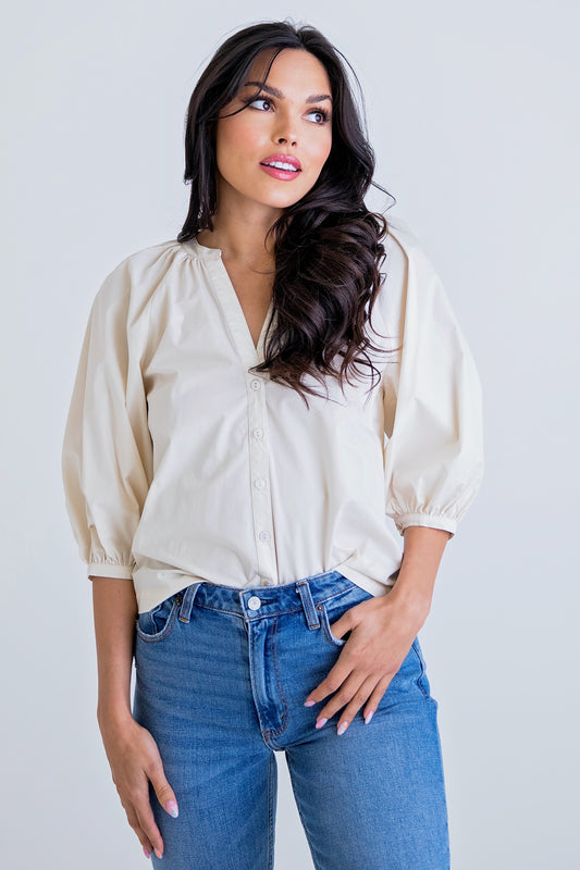 Ivory Solid Poplin Puff Sleeve Top
