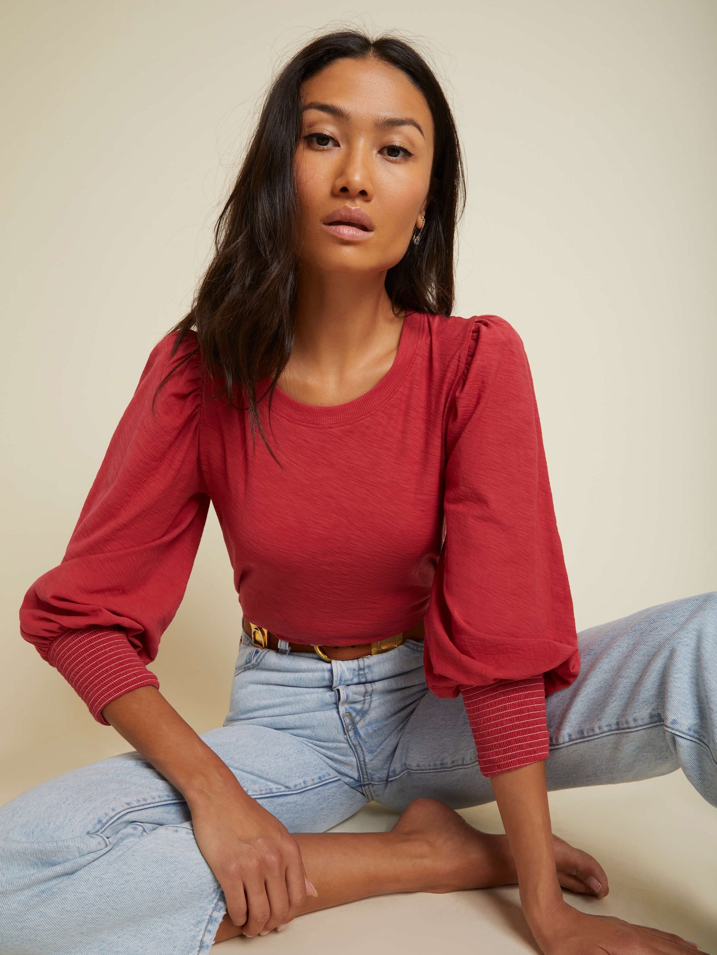 Loren Smocked Tee in Red
