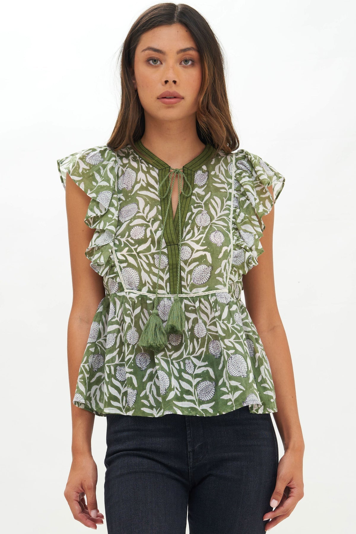 Manzanilla Flirty Tie Top in Olive