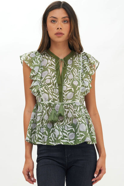 Manzanilla Flirty Tie Top in Olive