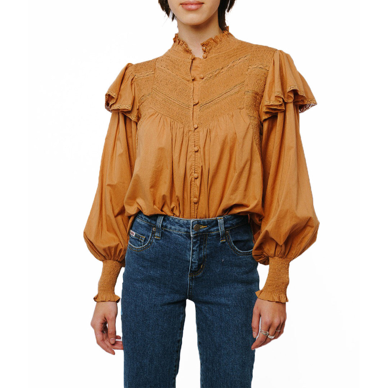 Smock Detail LS Top in Brown