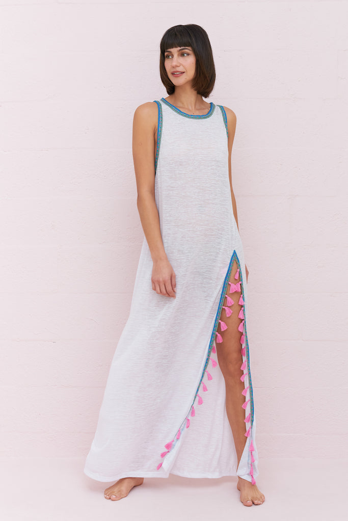 Tassel Slit Dress in White