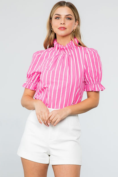 Pink Poplin Stripe Short Sleeve Top
